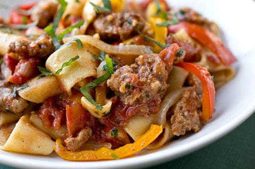 Saucy, Italian “Drunken” Noodles w/ Spicy Italian Sausage, Tomatoes, Caramelized Onions, Peppers - 2 lbs