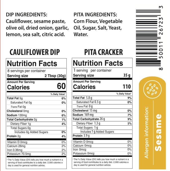 Cauliflower Dip with Pita Chips Hummus Snack Pack - Lemon Garlic