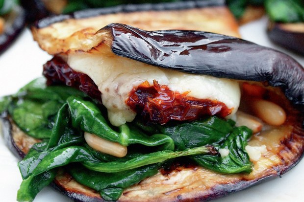 EGGPLANT WRAP with SPINACH, SUN-DRIED TOMATO & CHEESE