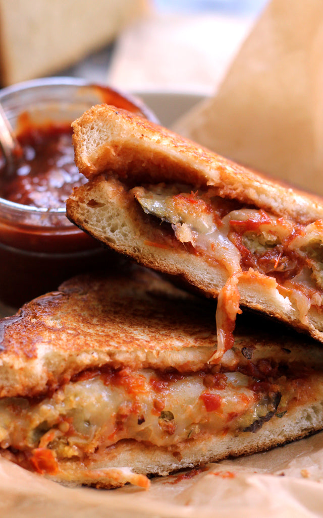 Eggplant Parmesan Grilled Cheese with Chili Tomato Jam