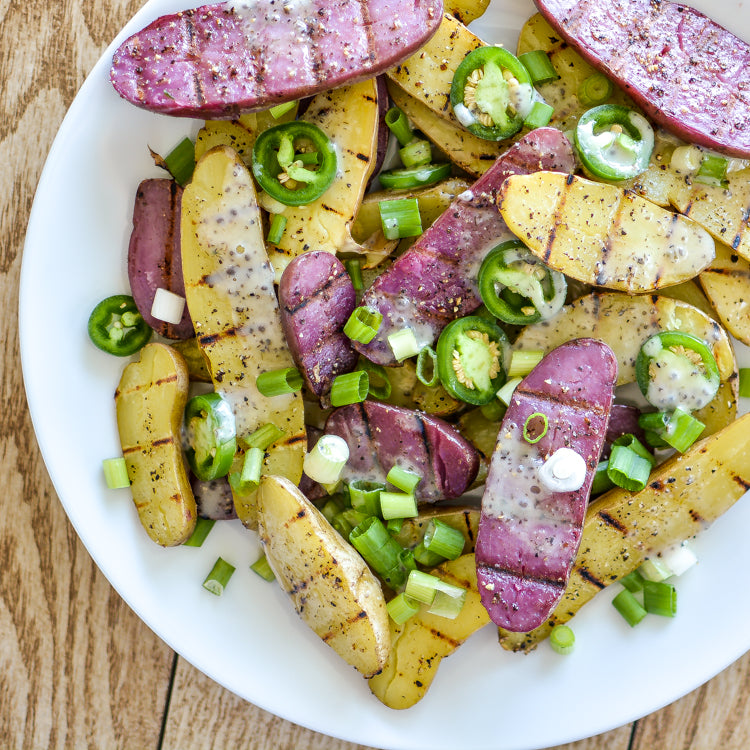 Grilled Fingerling Potato Salad with Chia Seed Ranch Dressing (vegan)