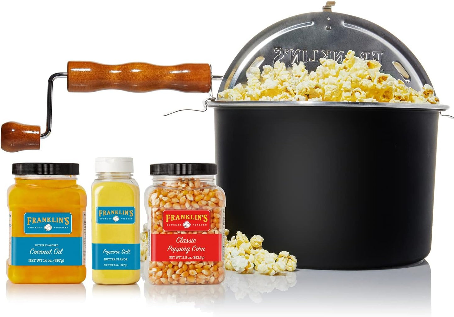 Franklin's Gourmet Popcorn - Movie Night Bundles - Stovepop Popcorn Maker, 13.5 oz Organic Popcorn Kernels, 8 oz Butter Flavored Salt, 14 oz Butter Flavored Coconut Oil