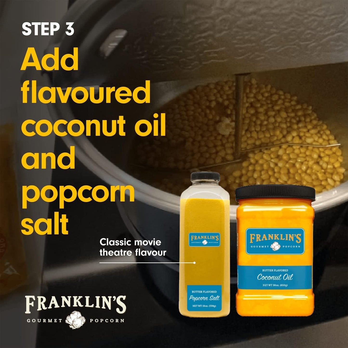 Franklin's Gourmet Popcorn - Movie Night Bundles - Stovepop Popcorn Maker, 13.5 oz Organic Popcorn Kernels, 8 oz Butter Flavored Salt, 14 oz Butter Flavored Coconut Oil