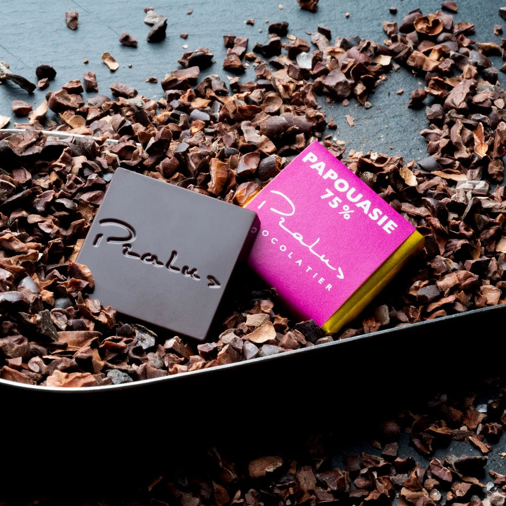 Two François Pralus mini chocolate squares resting on cocoa nibs in a dark scoop — one unwrapped showing the embossed Pralus signature, one in a pink Papouasie 75% wrapper
