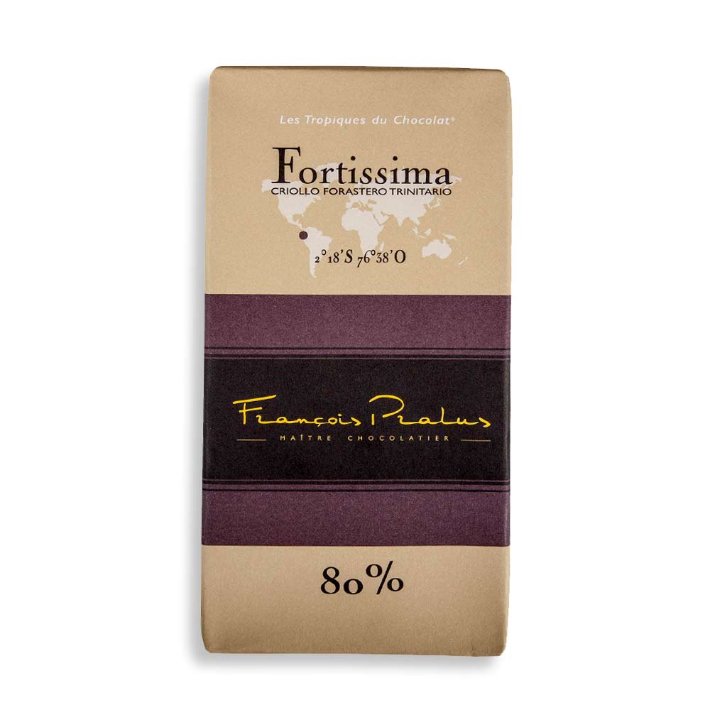 A single bar of François Pralus Fortissima 80% chocolate in its original packaging, featuring a beige wrapper with a dark purple band and gold lettering, set against a plain white background