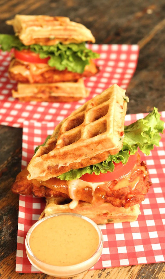 Buttermilk Fried Chicken and Bacon Cheddar Waffle Sandwich