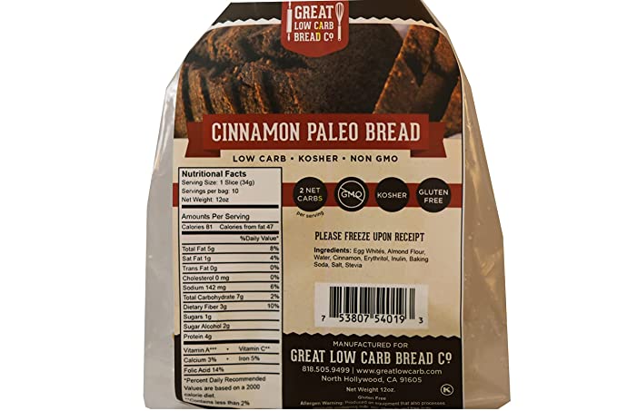 Great Low Carb Cinnamon Paleo Bread 12oz Loaf - Gluten Free
