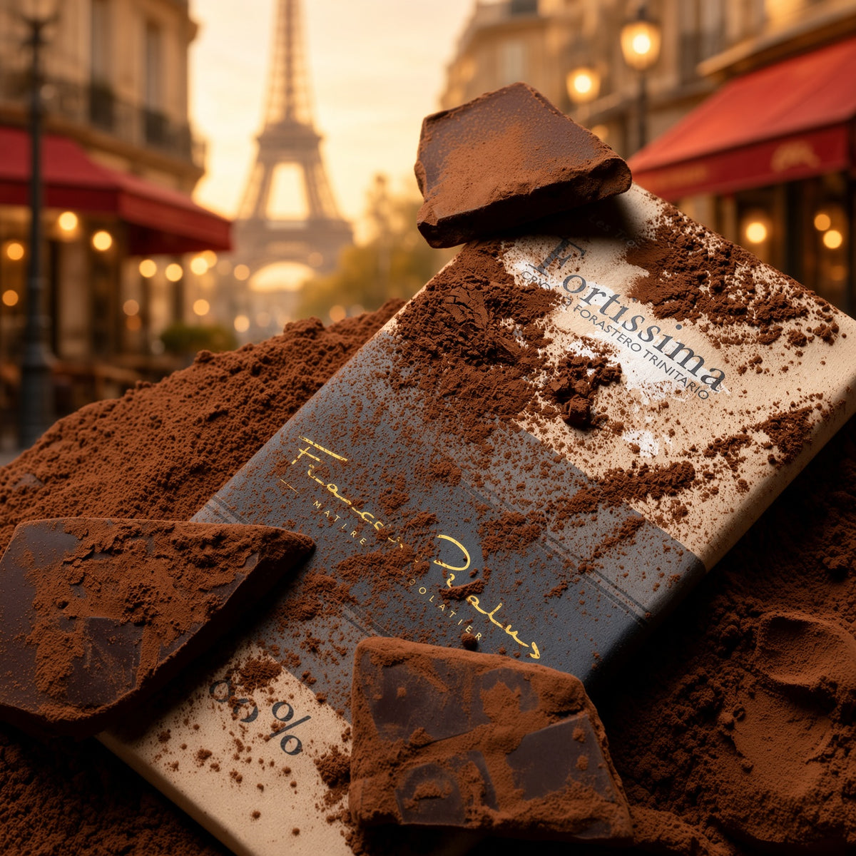 A close-up of a chocolate bar labeled Fortissima 80% surrounded by cocoa powder and broken chocolate pieces, with a blurred Paris street scene and Eiffel Tower in the background