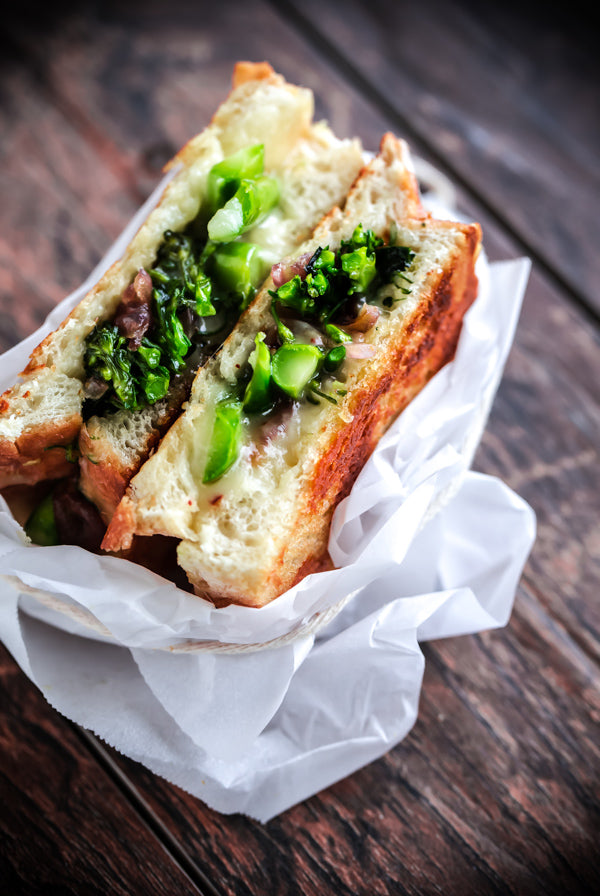 GRILLED CHEESE SANDWICH w/BROCCOLINI, SAUTÉED RED ONIONS & RED PEPPER FLAKES