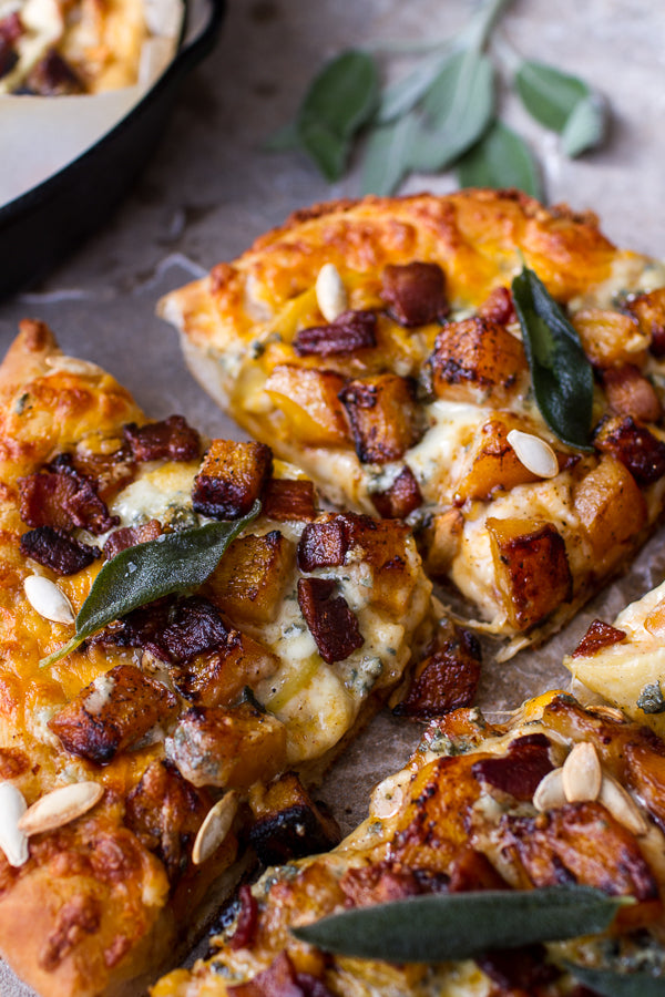 Fall Harvest Pizza w/Roasted Butternut, Cider Caramelized Onions + Bacon