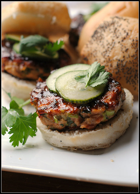 Hoisin Glazed Salmon Burgers with Pickled Cucumber