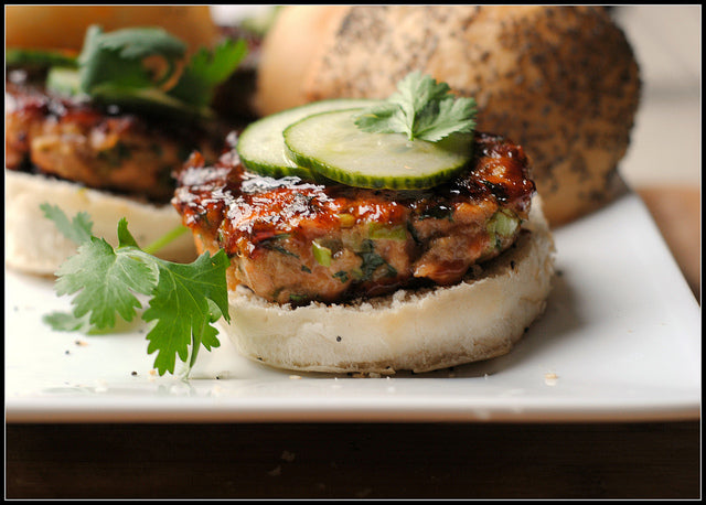Hoisin Glazed Salmon Burgers with Pickled Cucumber