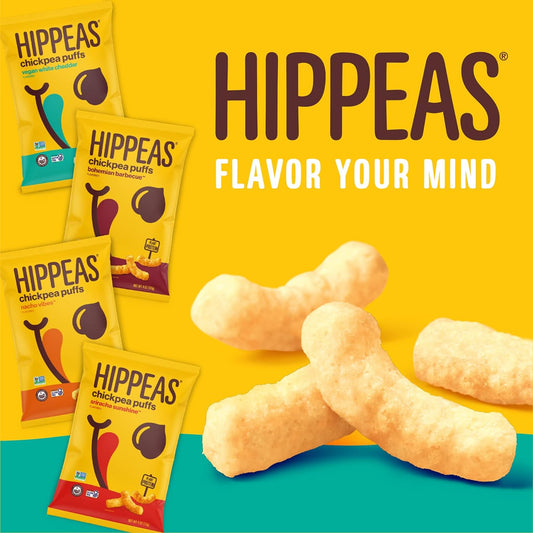 Hippeas Chickpea Puffs, Variety Pack - Vegan White Cheddar, Nacho Vibes, Barbecue, Sriracha - Pack of 18