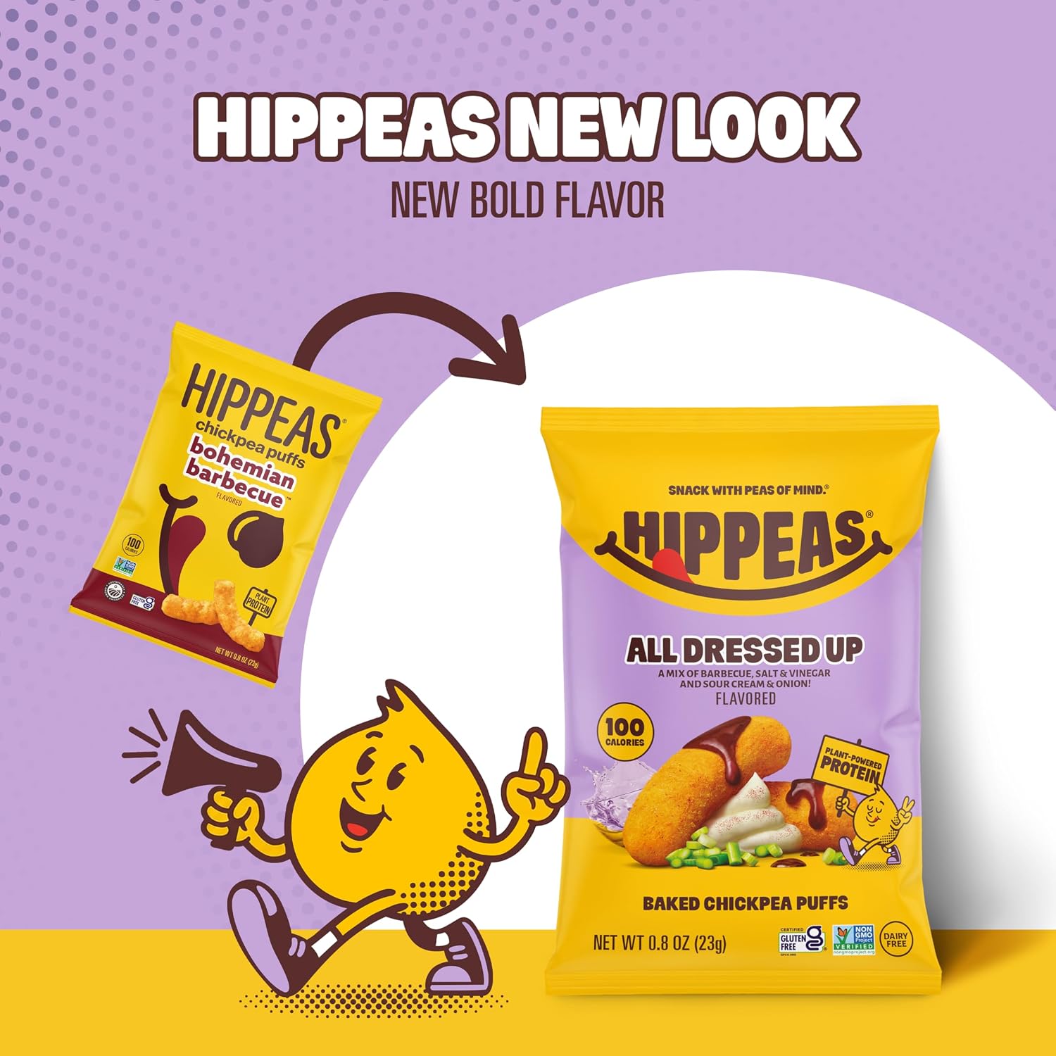 Promotional graphic for Hippeas with new packaging design and character illustration on a purple and yellow background.