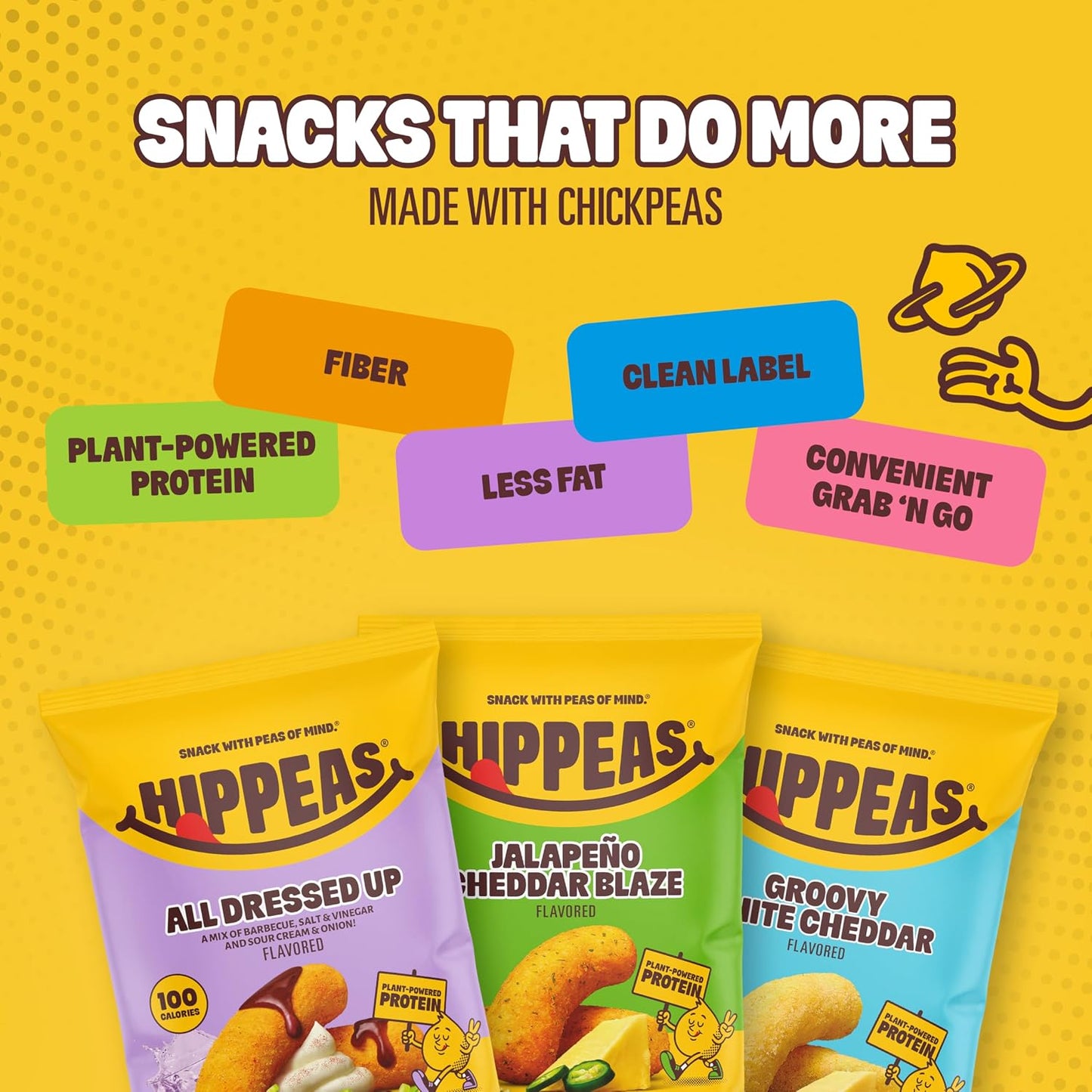 Hippeas snack packages with text highlighting benefits on a yellow background