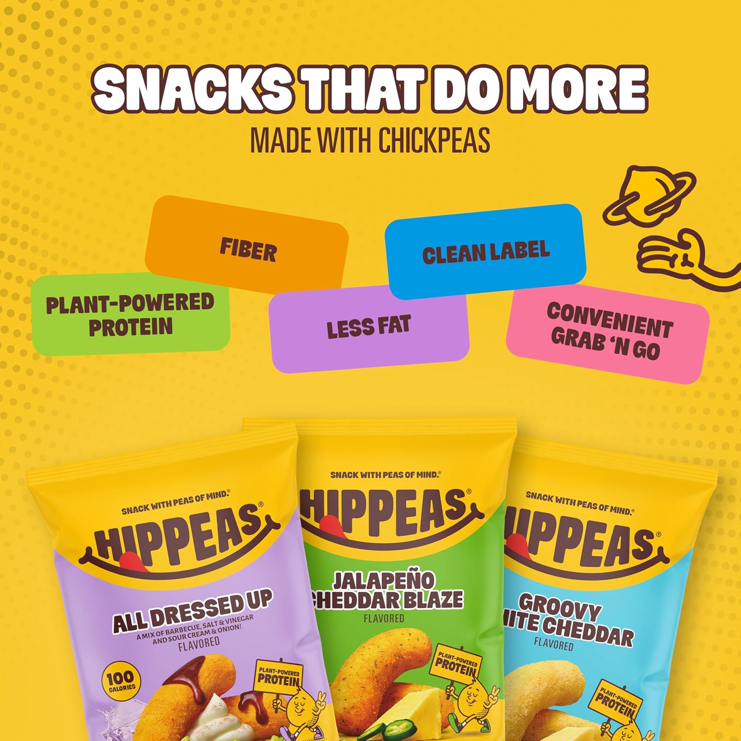 Hippeas snack packages with text highlighting benefits on a yellow background
