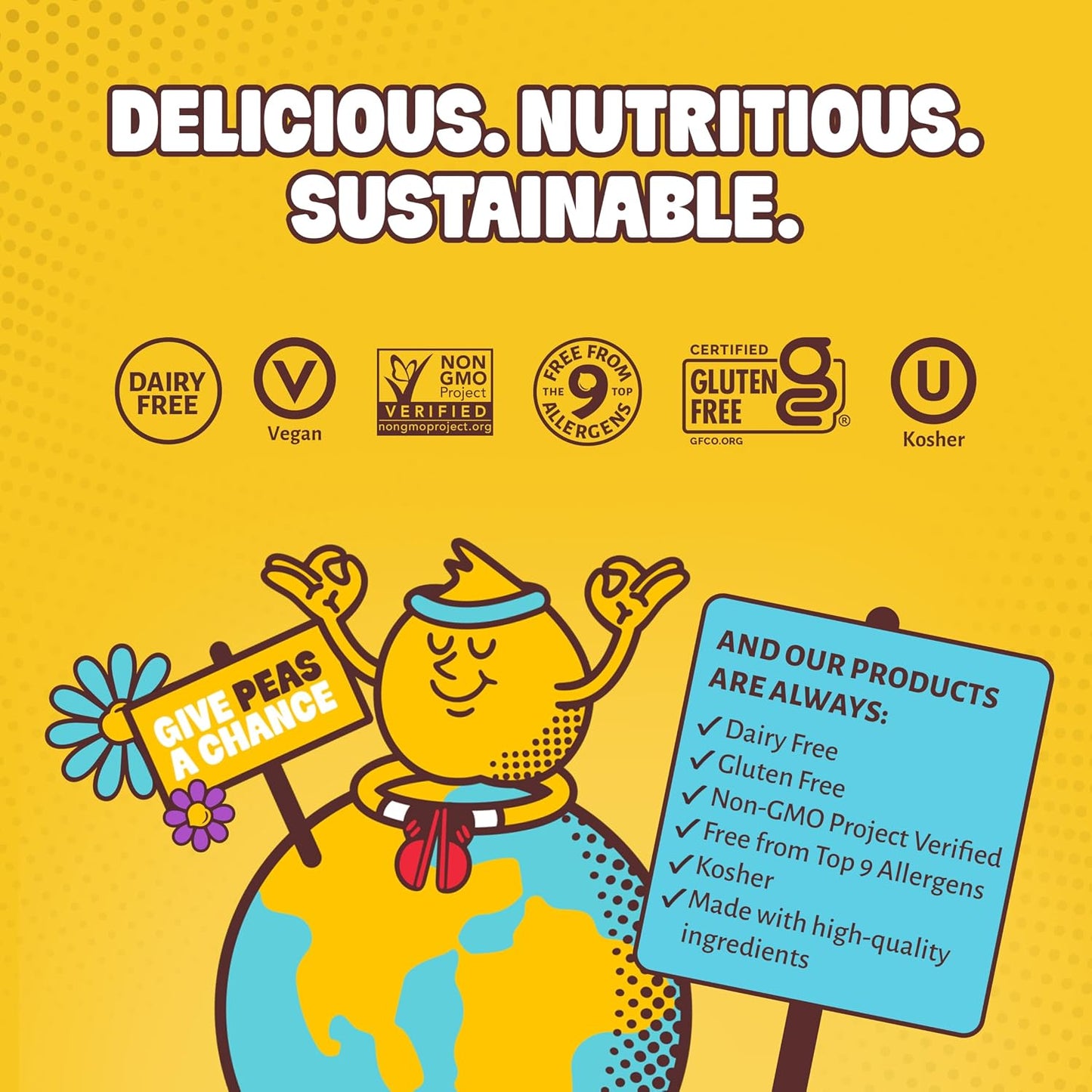 Character holding a sign about product features on a yellow background