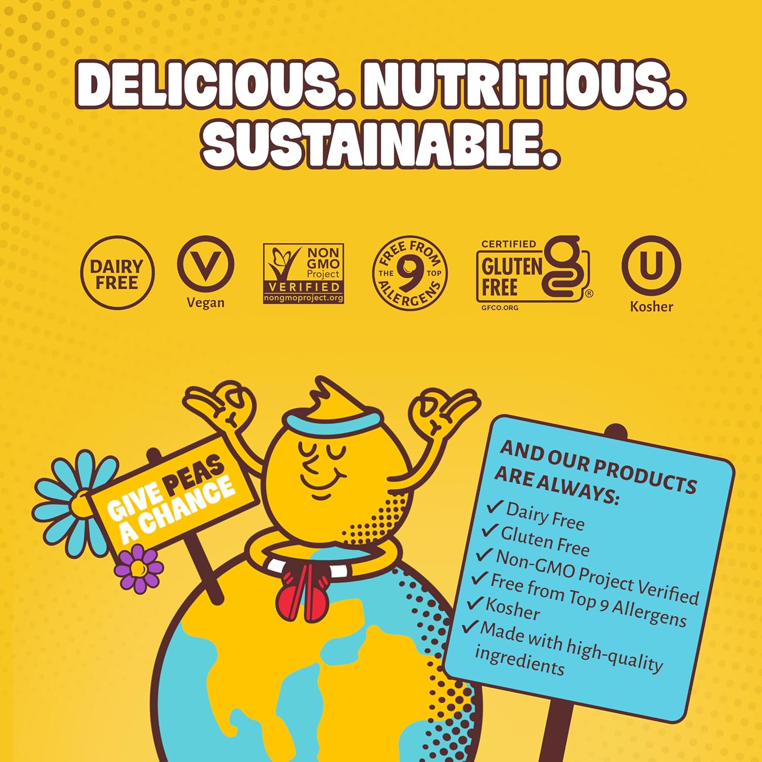 Character holding a sign about product features on a yellow background