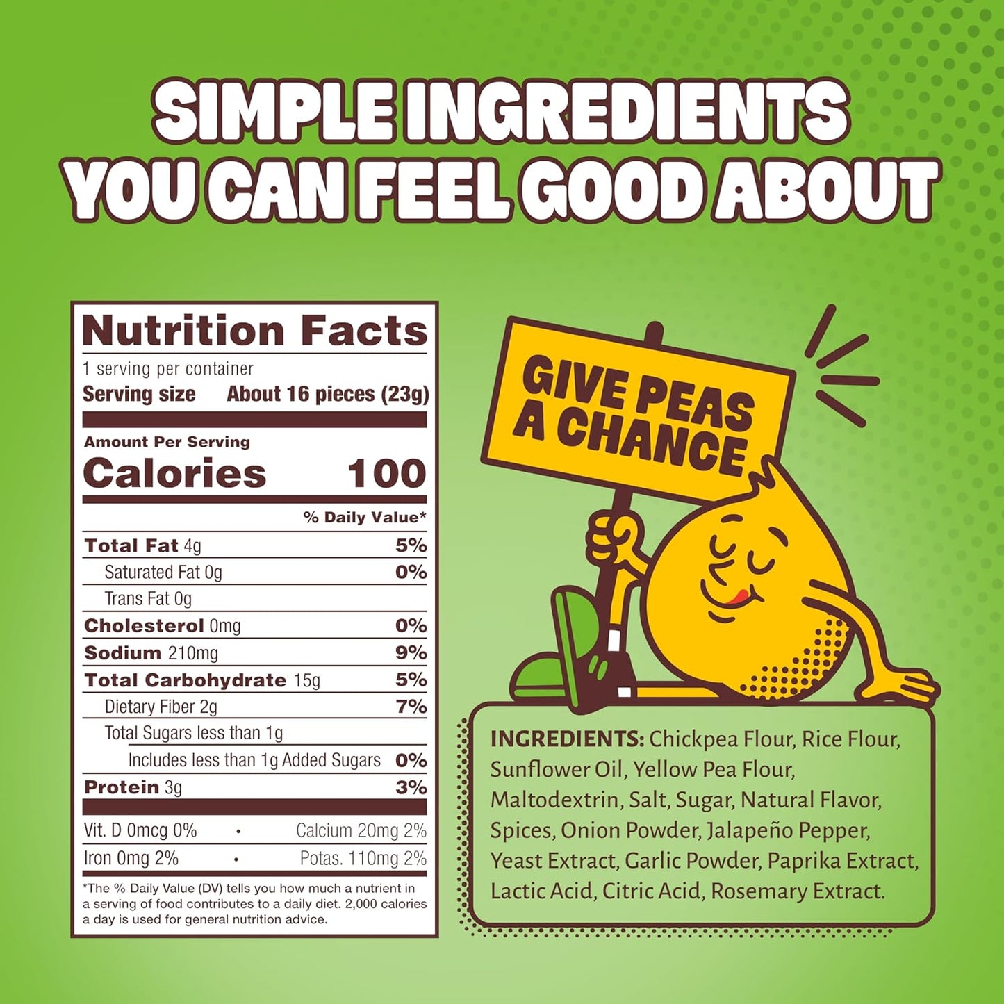Nutrition label with a cartoon pea holding a sign on a green background