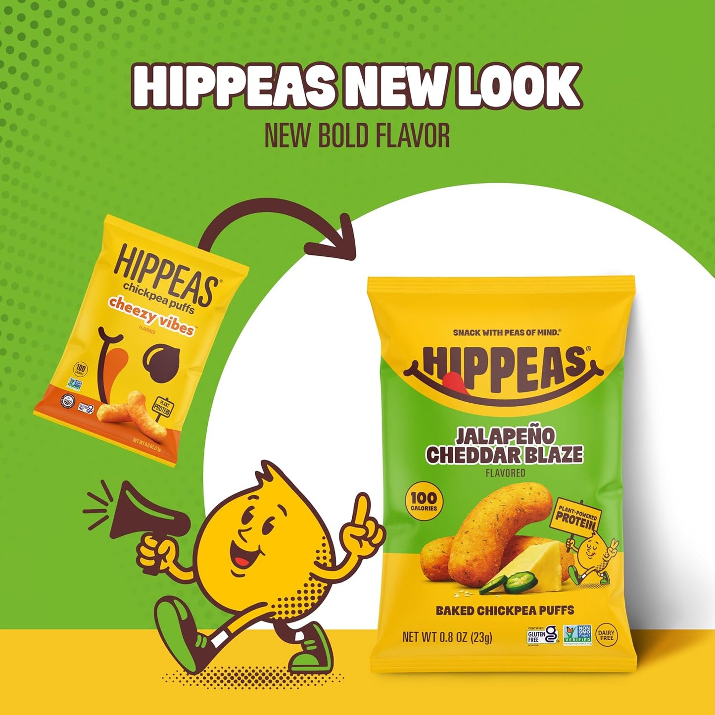 Hippeas snack package with a character and text on a green and yellow background