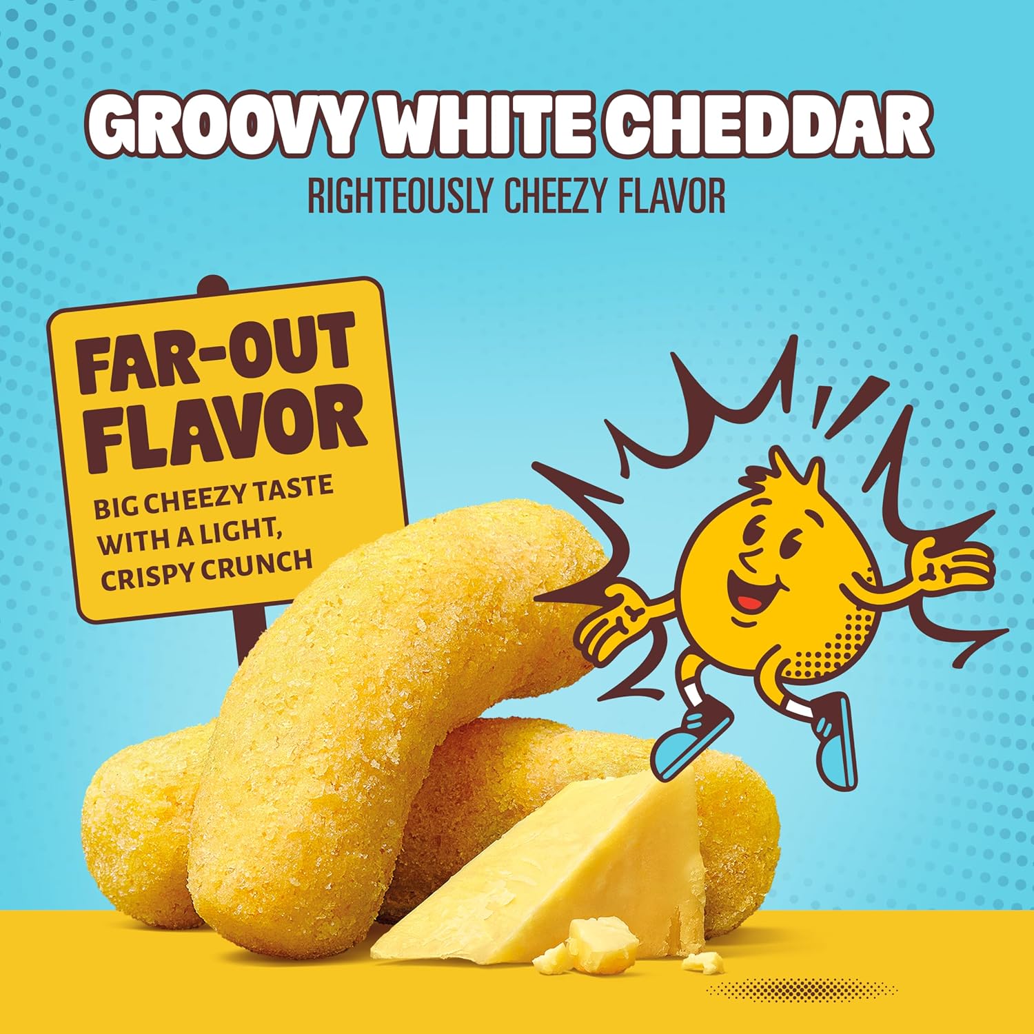 Advertisement for Groovy White Cheddar cheese with a cartoon character and text on a blue background