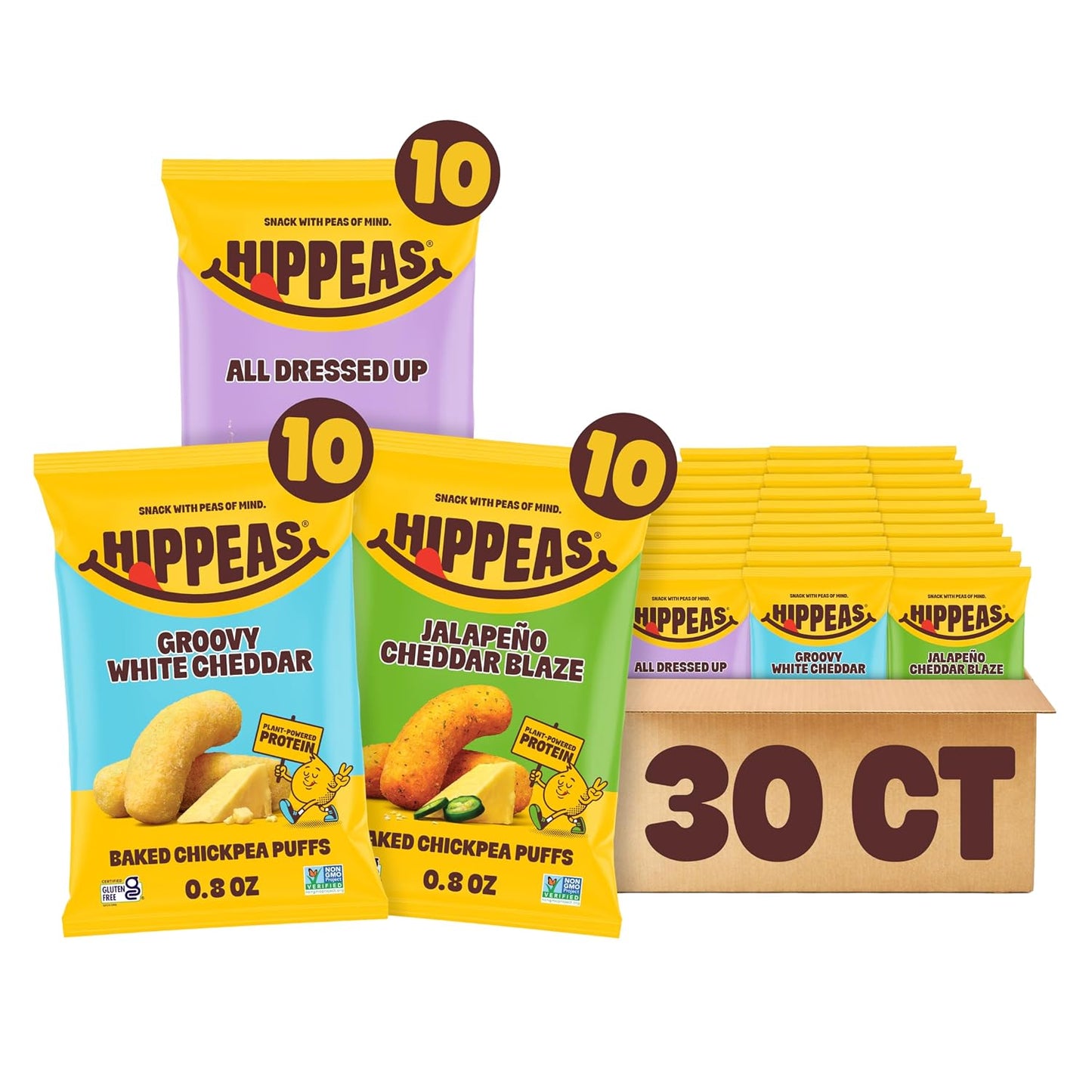 Assortment of Hippeas baked chickpea puffs packages on a white background