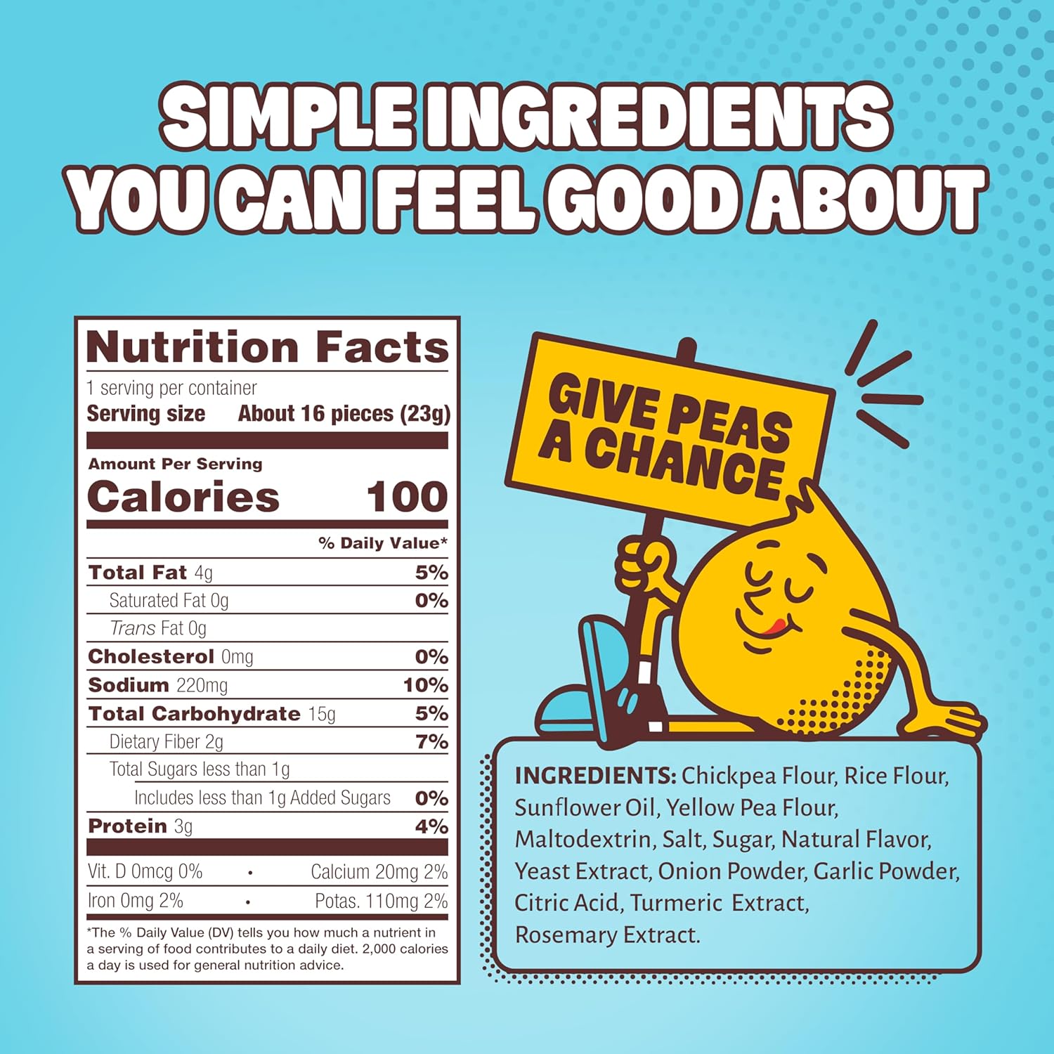 Nutrition label with cartoon pea holding a sign and ingredient list on a blue background