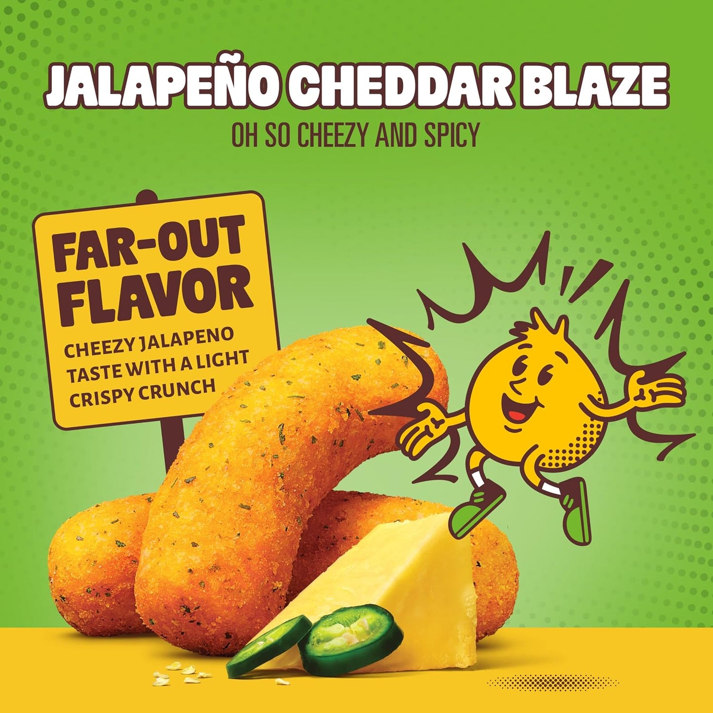 Promotional graphic for Jalapeño Cheddar Blaze with cheese and jalapeño slices on a green background.