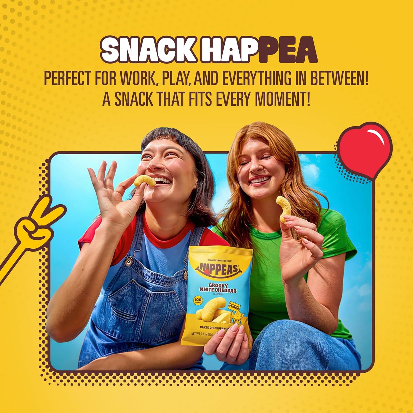 Two people enjoying Snack Happea snacks with a promotional text on a yellow background