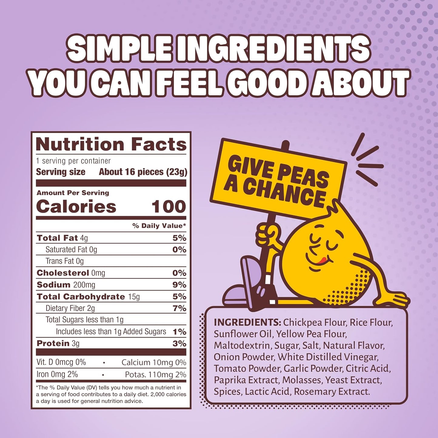 Nutrition label with a cartoon pea holding a sign on a purple background