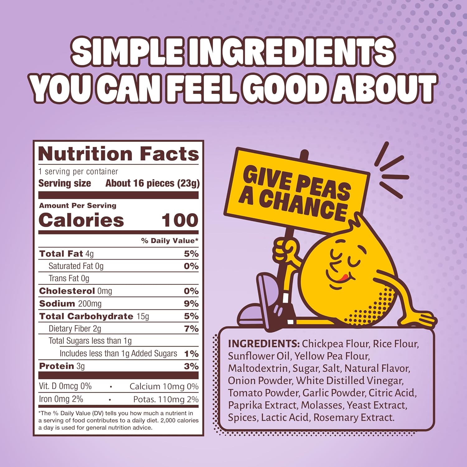 Nutrition label with a cartoon pea holding a sign on a purple background