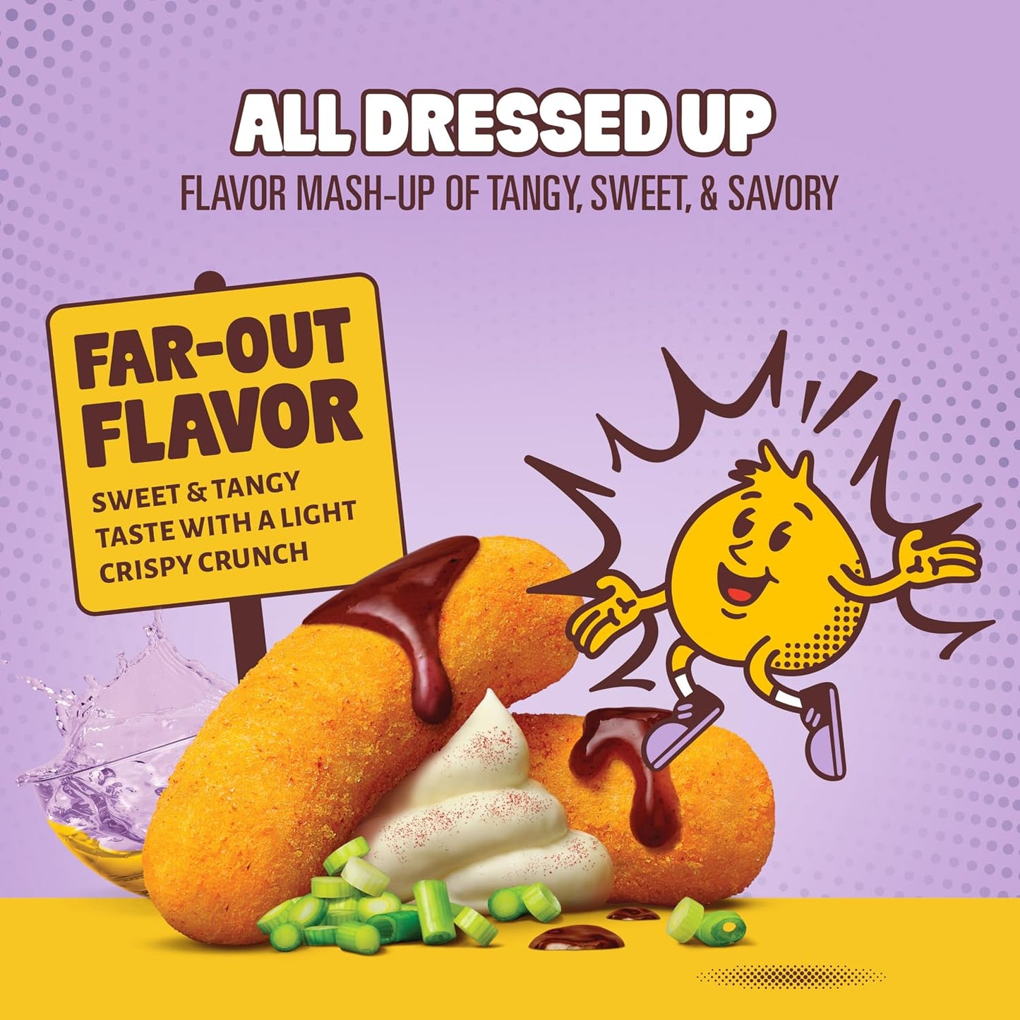 Promotional graphic for a flavor mash-up product, showing two golden fried corn dogs with chocolate sauce and whipped cream, green beans, and a yellow cartoon character on a purple background with the text 'ALL DRESSED UP' and 'FAR-OUT FLAVOR'.