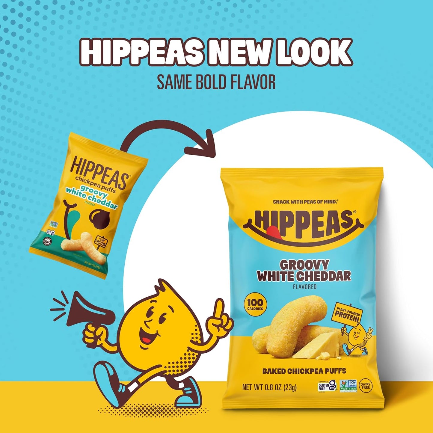Promotional graphic for Hippeas baked chickpea puffs with a new packaging design on a blue and yellow background.