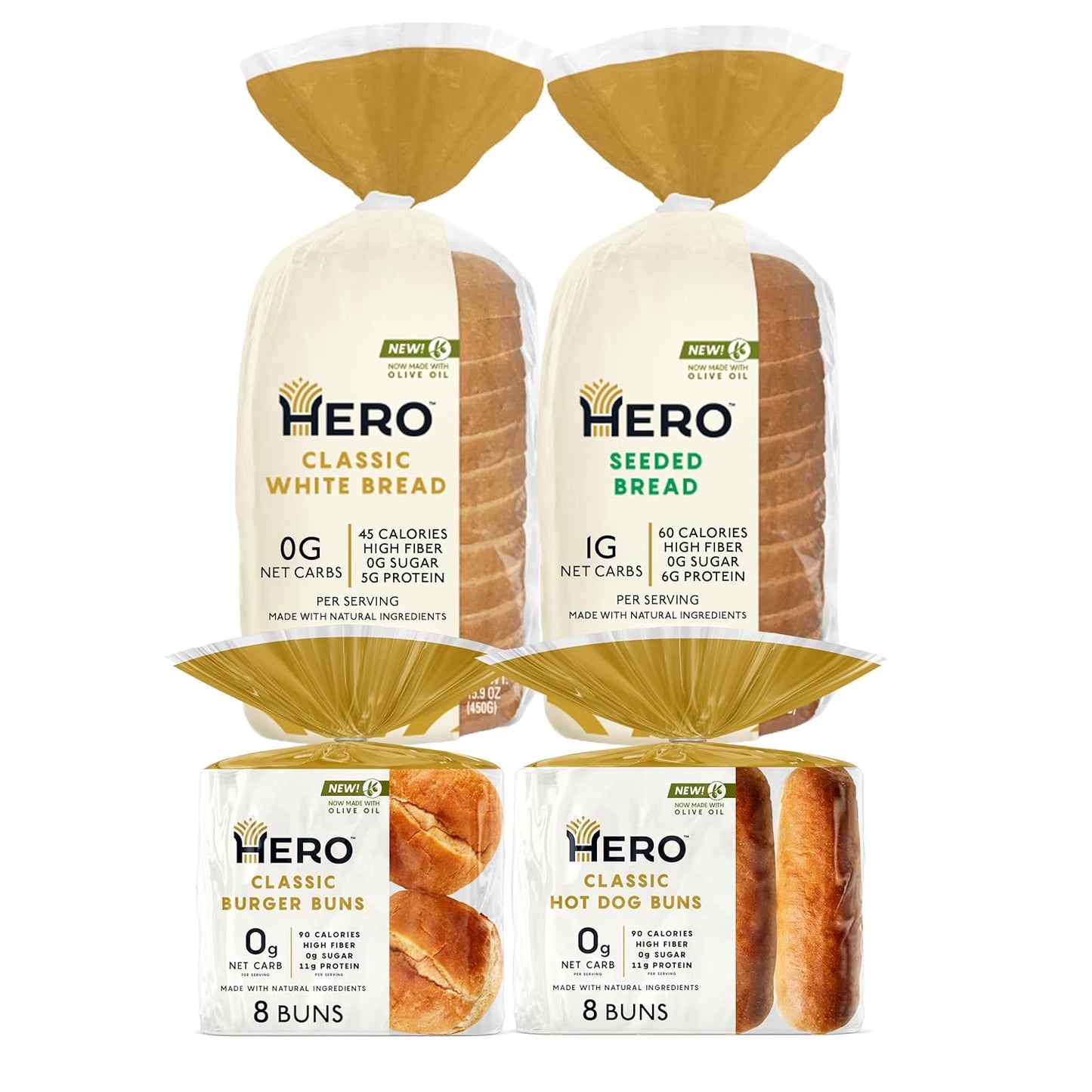 Hero Bread Find Your Hero Bundle — 1g Net Carb Seeded Bread and 0g Net Carb White Bread, Hamburger Buns, & Hot Dog Buns