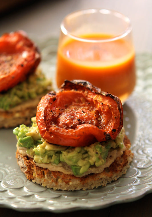 Hummus and Avocado Toasts with Roasted Tomatoes