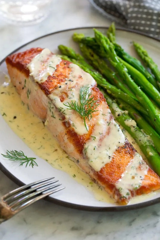 Salmon with Lemon Beurre Blanc Cream Sauce w/ Asparagus - Serves 2