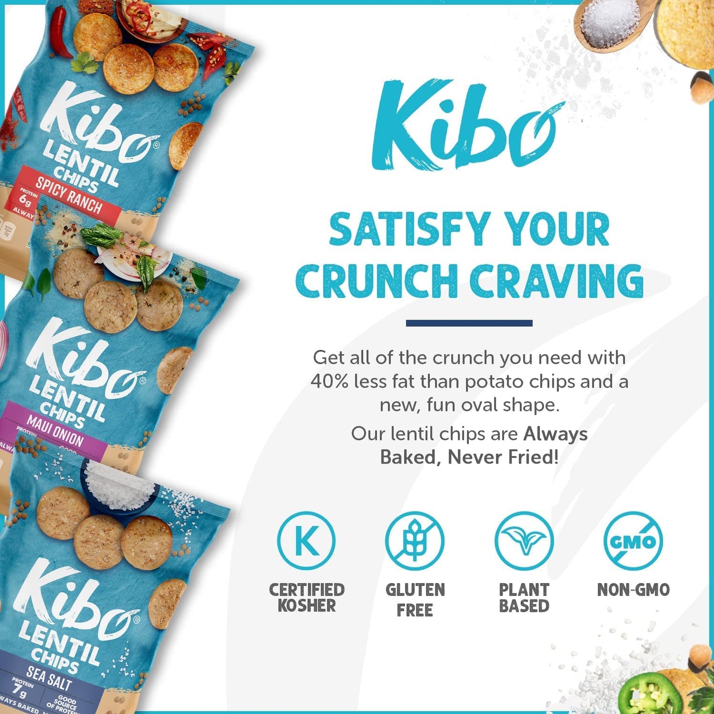 Kibo Lentil Chips Variety Pack - Maui Onion, Sea Salt, and Spicy Ranch - 18 Pack