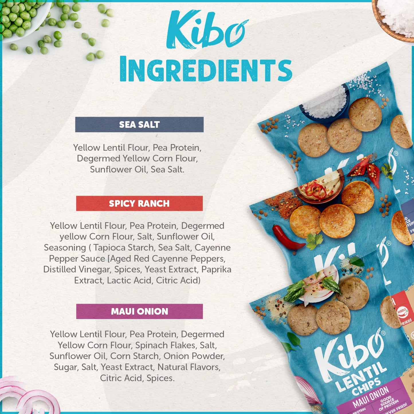 Kibo Lentil Chips Variety Pack - Maui Onion, Sea Salt, and Spicy Ranch - 18 Pack