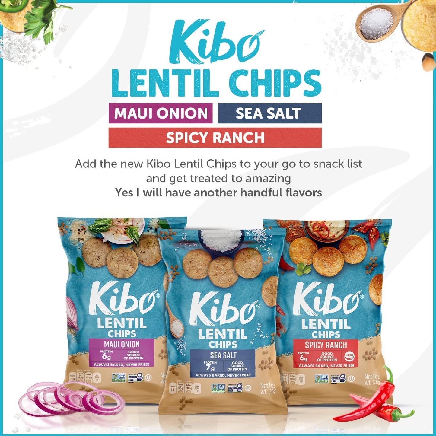 Kibo Lentil Chips Variety Pack - Maui Onion, Sea Salt, and Spicy Ranch - 18 Pack