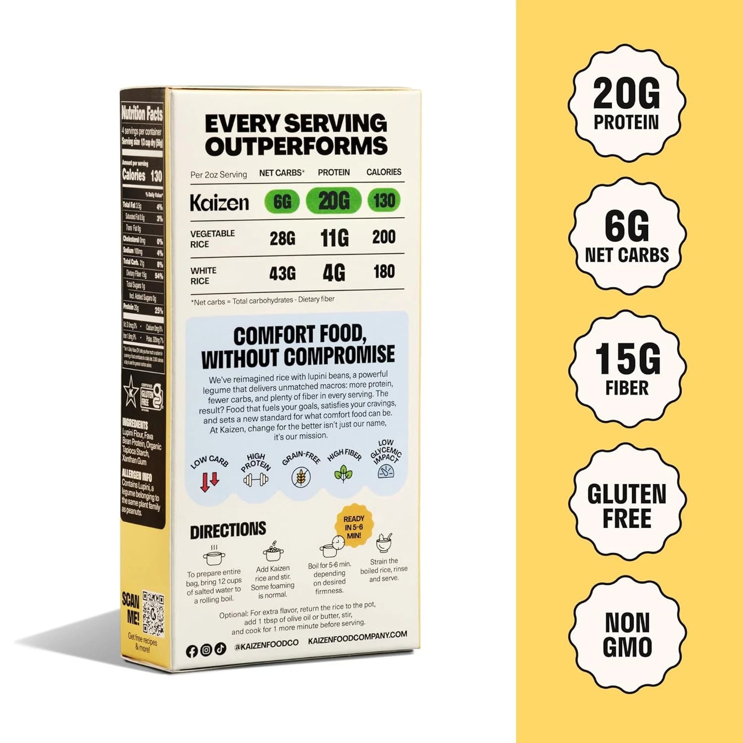 A boxed snack product labeled 'EVERY SERVING OUTPERFORMS' shown upright on a yellow background, with callout badges on the right stating 20G protein, 6G net carbs, 15G fiber, gluten free, and non GMO.