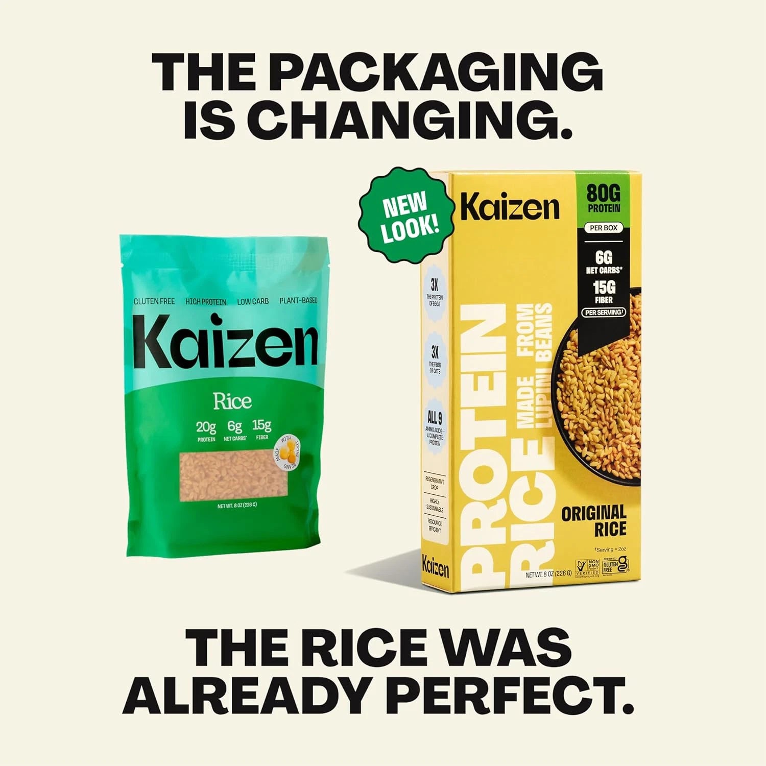 Kaizen rice packaging change announcement with green bag and yellow box on a beige background.