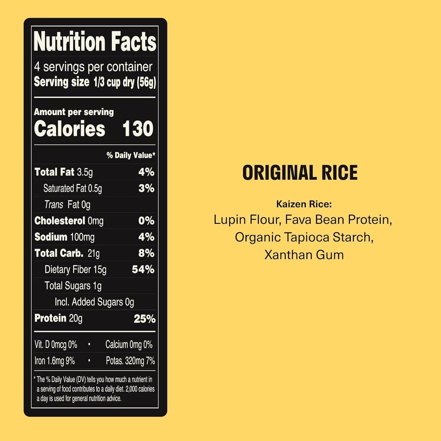 A Nutrition Facts label for Original Rice on a solid yellow background. The label is black with white text and lists calories, fat, carbohydrates, protein, and other nutritional details.