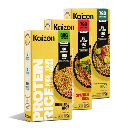 Three boxes of Kaizen protein rice on a white background