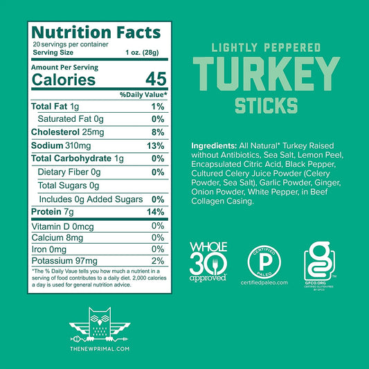 All Natural Lightly Peppered Turkey Meat Sticks - Pack of 20