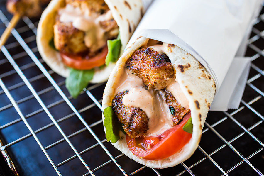 Grilled Lemon Chicken Flatbread Wraps with Spicy Garlic Sauce