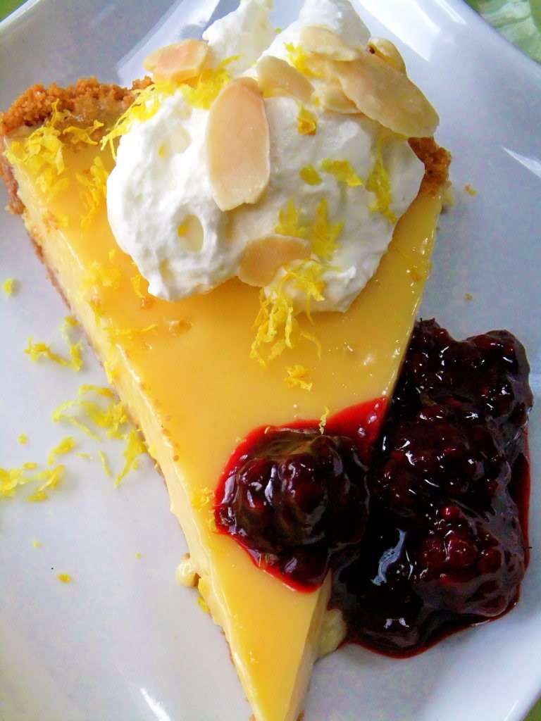Limoncello Tart with Amaretti Cookie Crust and Blueberry Blackberry Sauce