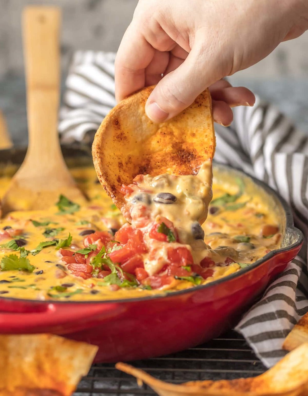 LOADED COWBOY QUESO WITH HOMEMADE TACO TORTILLA CHIPS