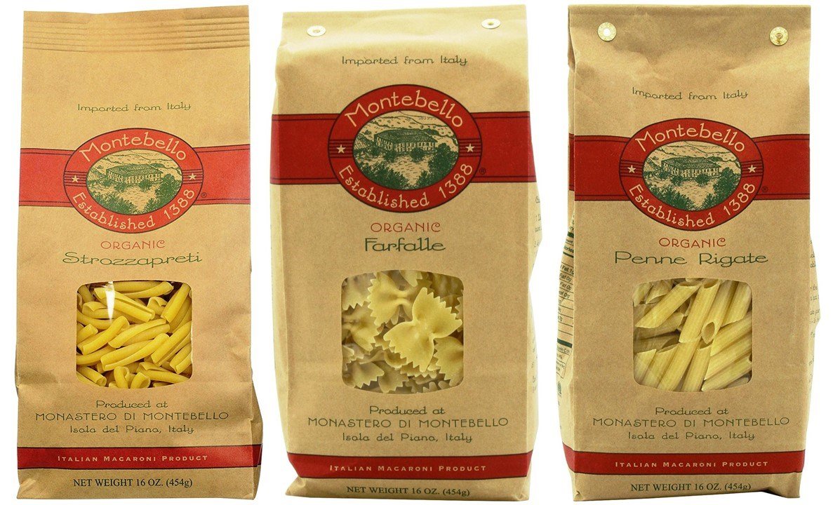 Montebello Organic Imported Italian Pasta 3 Shape Variety - Strozzapreti, Farfalle, Penne Rigate