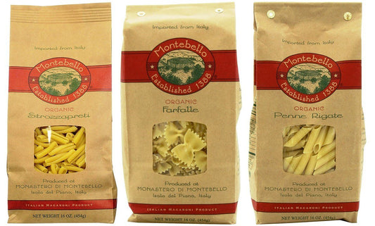 Montebello Organic Imported Italian Pasta 3 Shape Variety - Strozzapreti, Farfalle, Penne Rigate