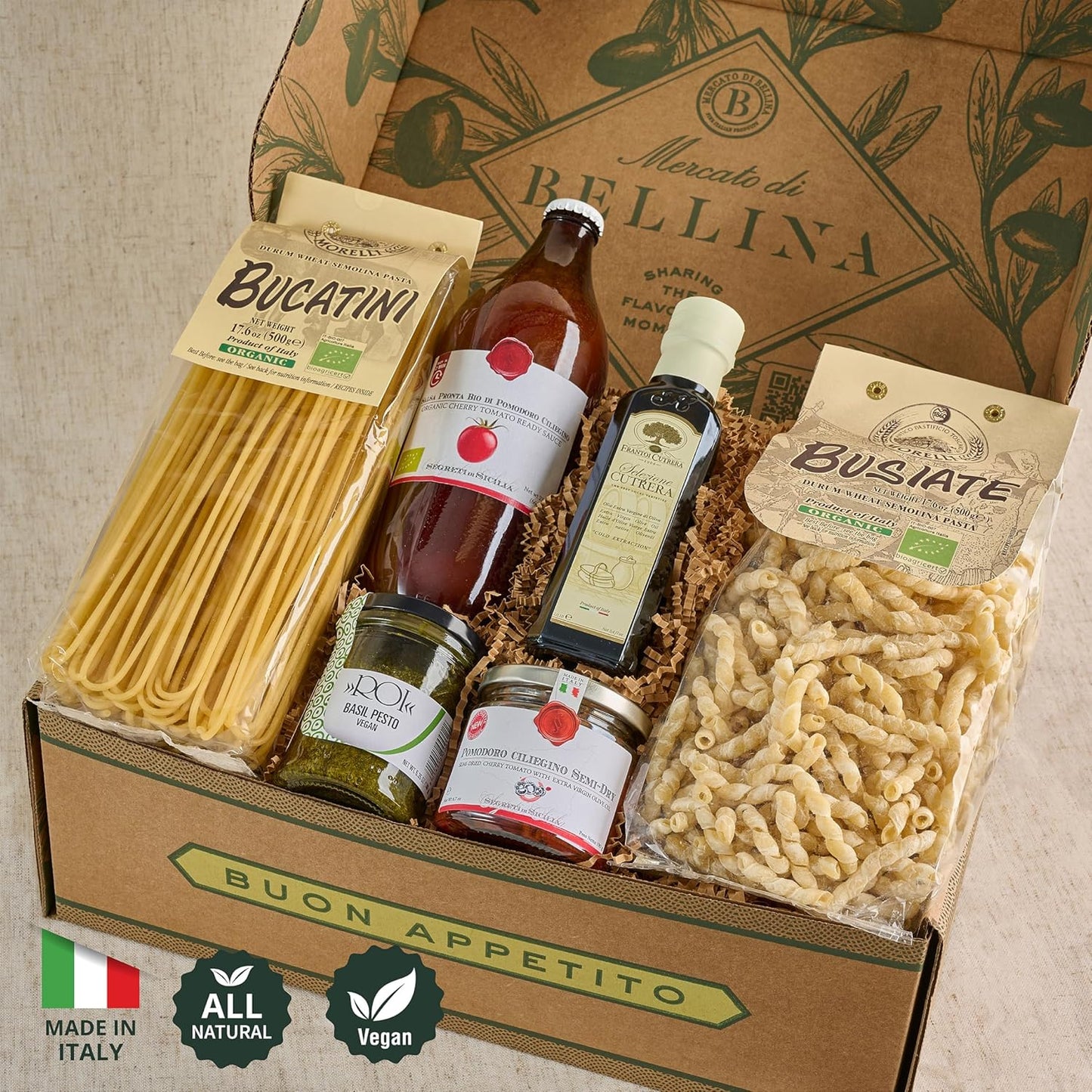Mercato di Bellina Italian Food Gift Basket, La Cucina Italiana - A Vegan-Friendly, All-Natural Pasta Gift Basket, Gourmet Present for Foodies